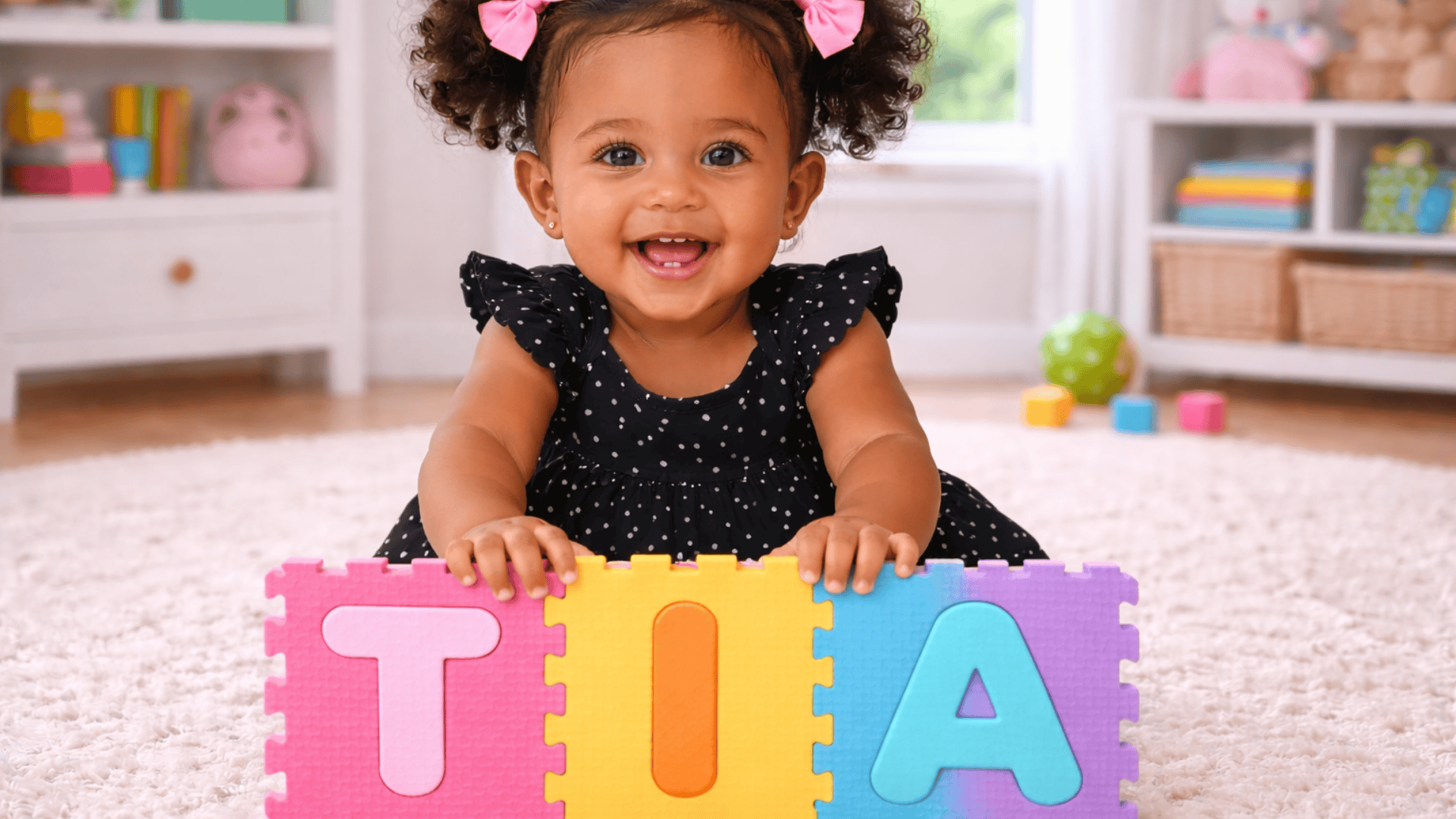 Smiling baby girl with pigtails wearing a black dress sitting on a rug behind colorful foam puzzle tiles spelling TIA in a bright playroom.
