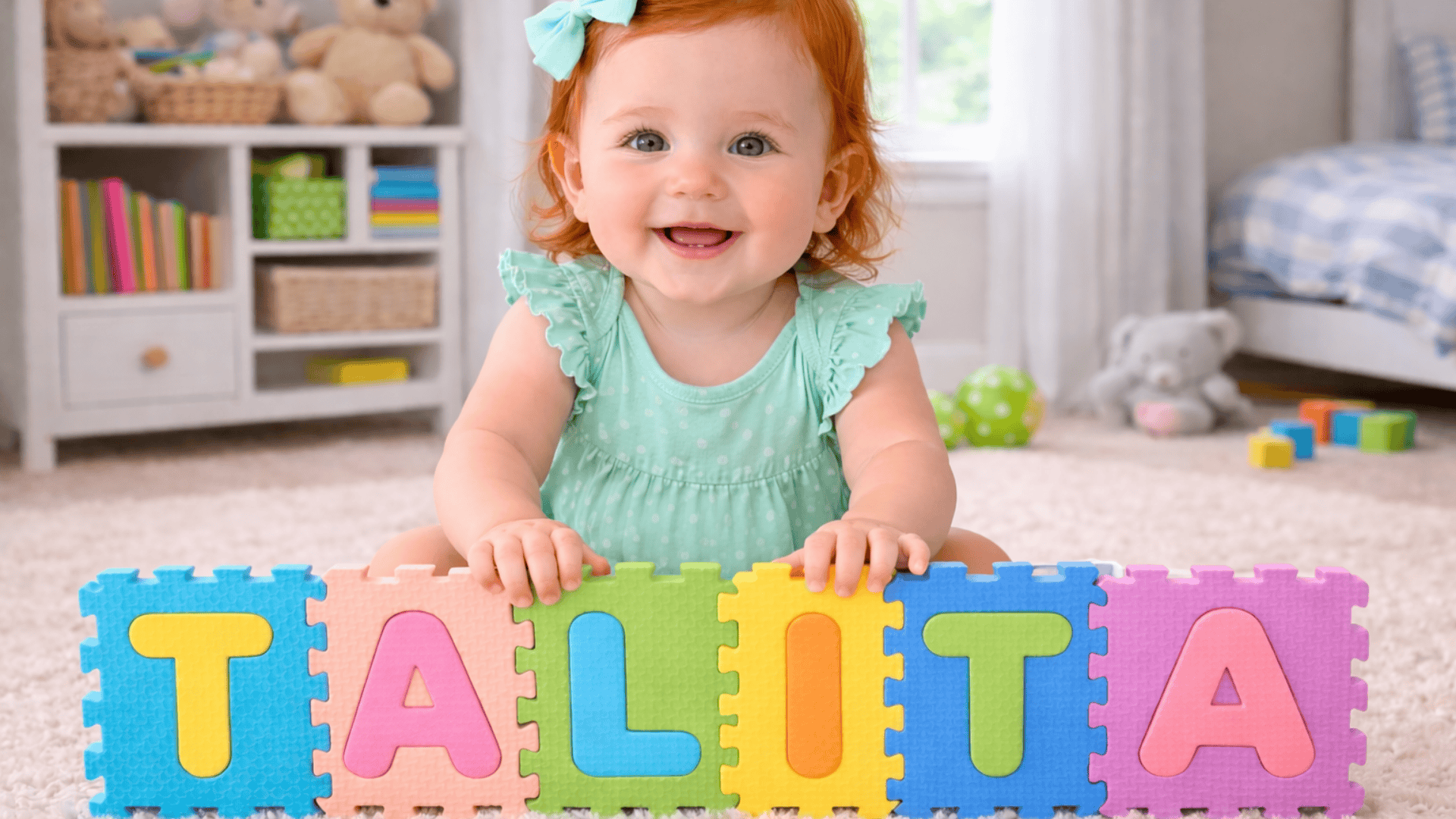 Smiling red-haired baby girl with green eyes sitting on a rug behind colorful foam puzzle tiles spelling TALITA in a bright nursery room.
