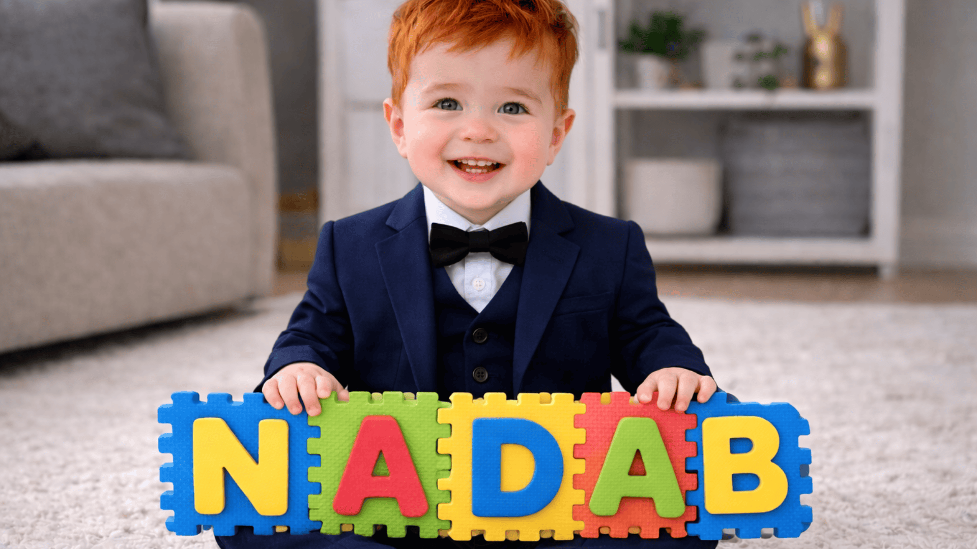 Smiling red-haired boy with green eyes wearing a navy suit, sitting on a soft rug and holding colorful foam puzzle tiles spelling “NADAB.”