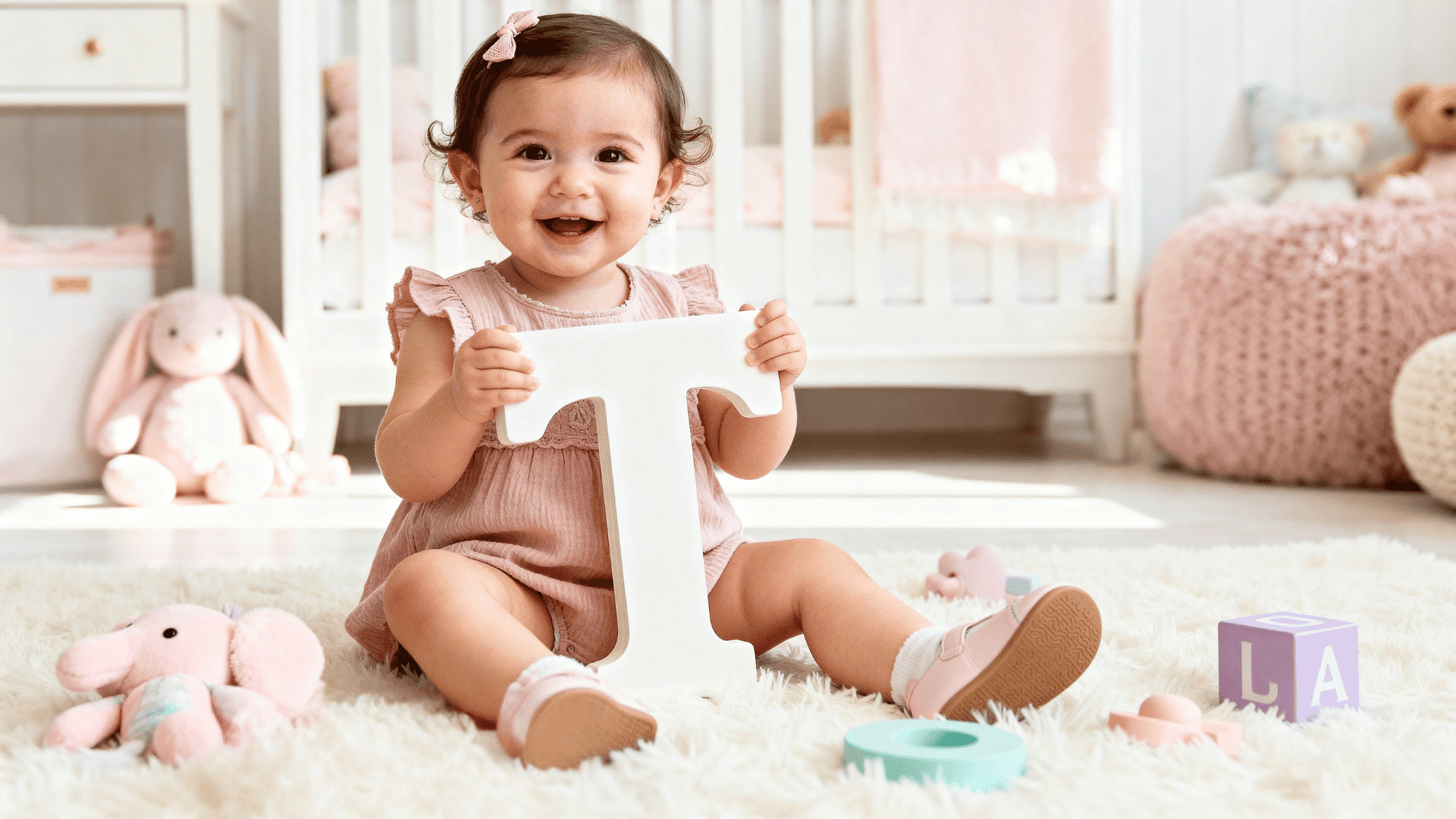 Smiling toddler girl sitting on a nursery rug holding a white letter T, surrounded by toys, blocks, and soft pastel decor.