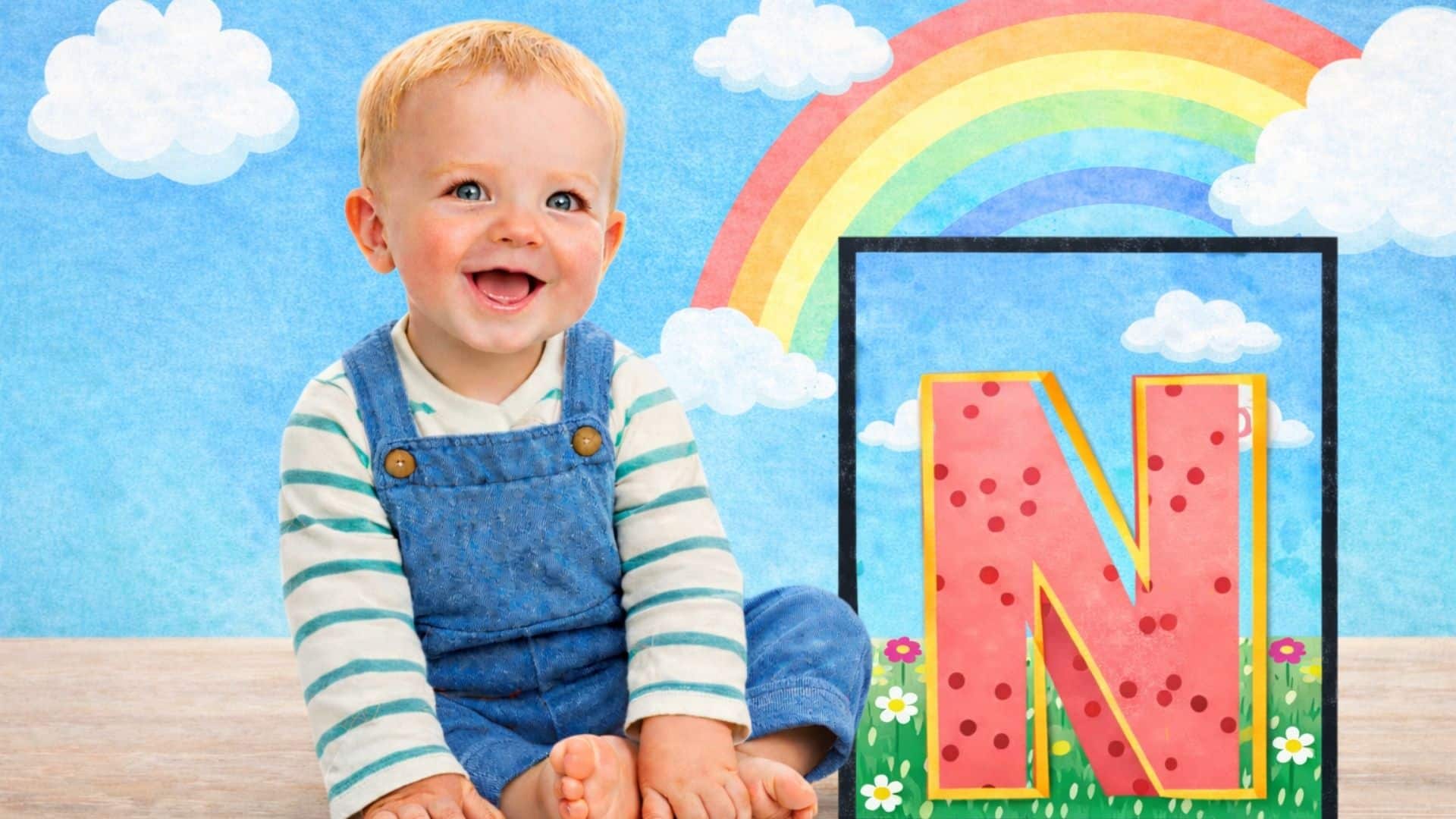 Smiling toddler in denim overalls sitting beside a large pink letter N with polka dots, rainbow and clouds background, playful scene. (1)