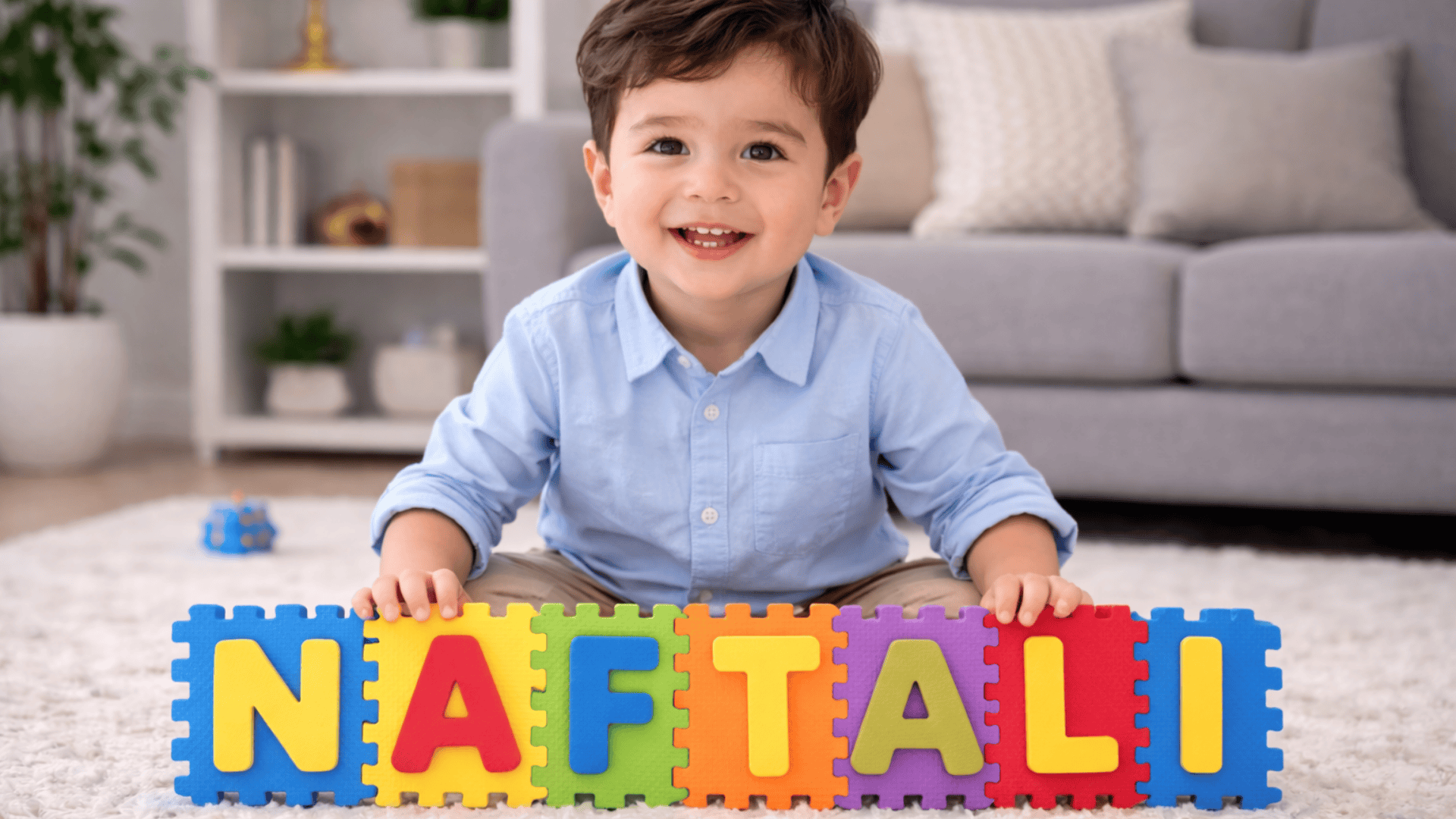 Smiling young boy sitting on a soft rug holding colorful foam puzzle tiles spelling “NAFTALI” in a bright, cozy living room setting.