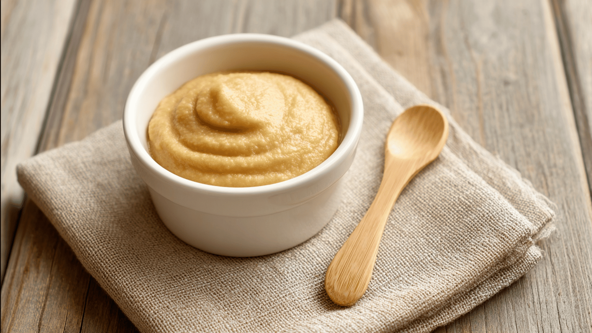Smooth lentil puree in a baby bowl with spoon on a clean wooden table