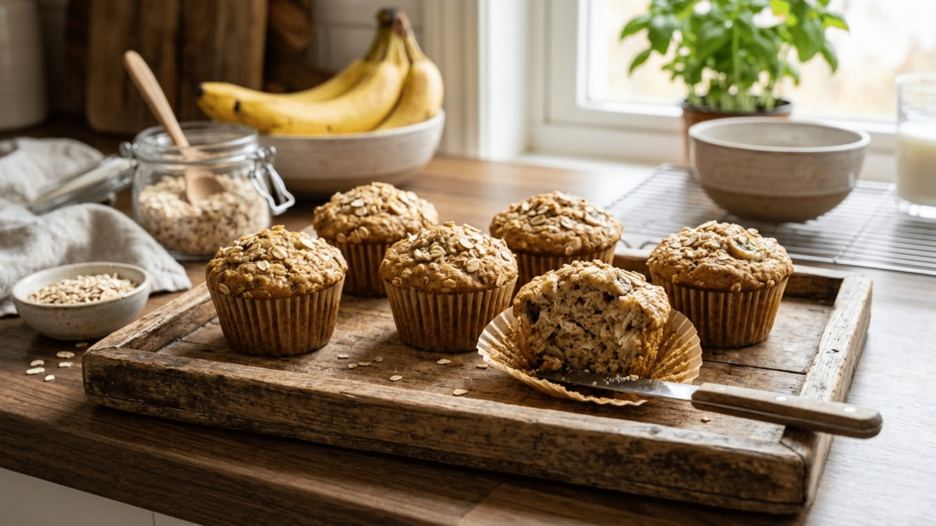 Soft banana oat muffins made with simple ingredients, a healthy homemade snack idea for kids
