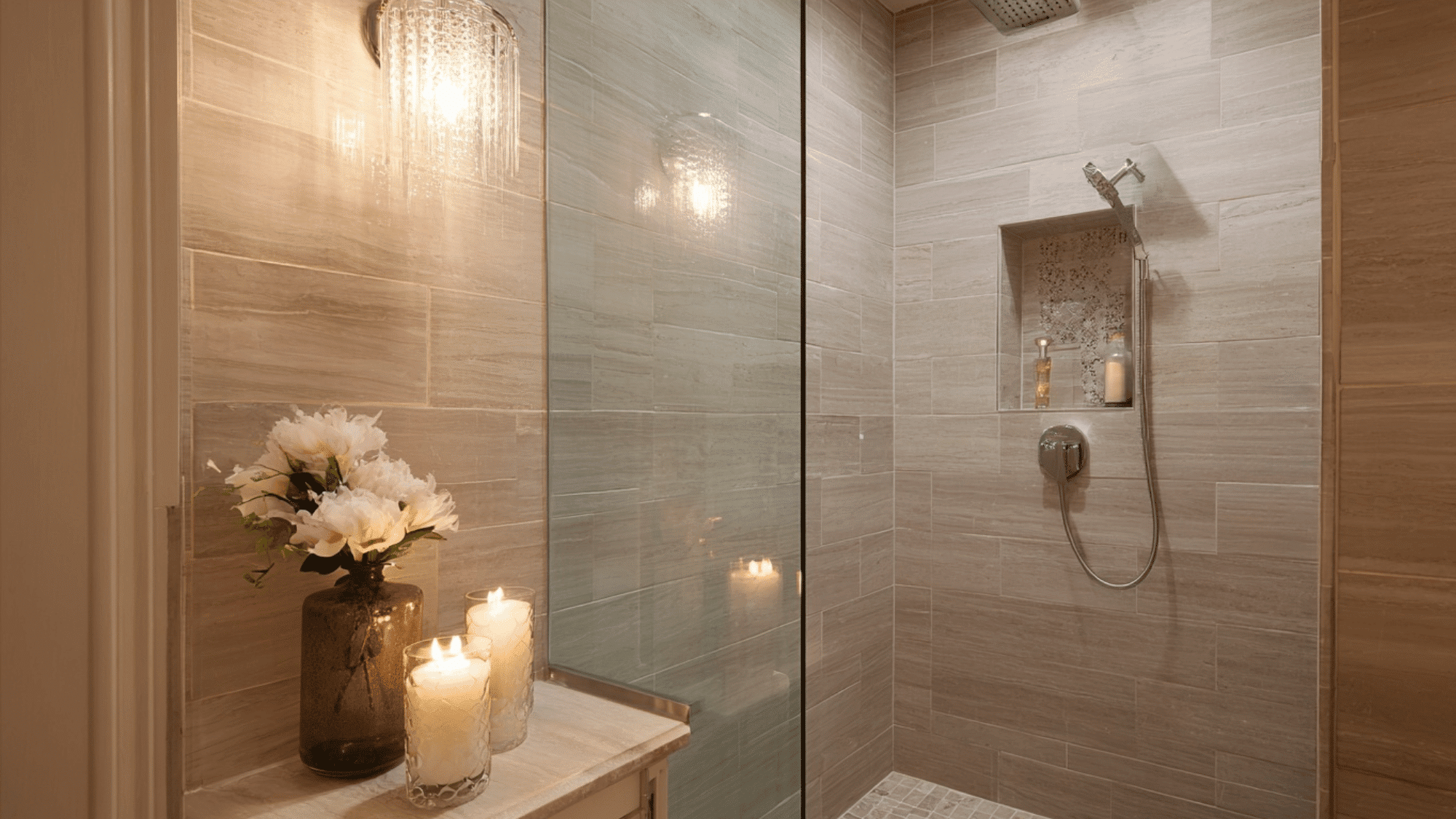 Spa-inspired shower with rainfall head and relaxing design