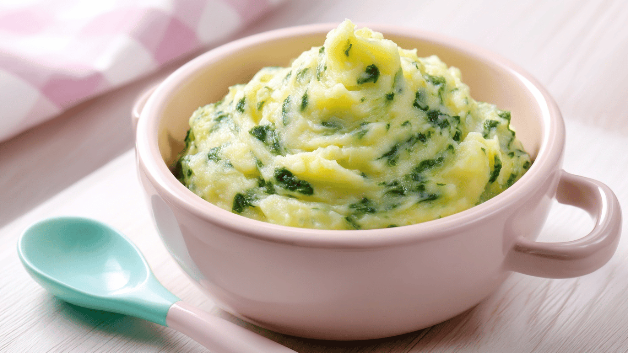 Spinach and potato mash in a baby bowl with a soft spoon on a clean surface