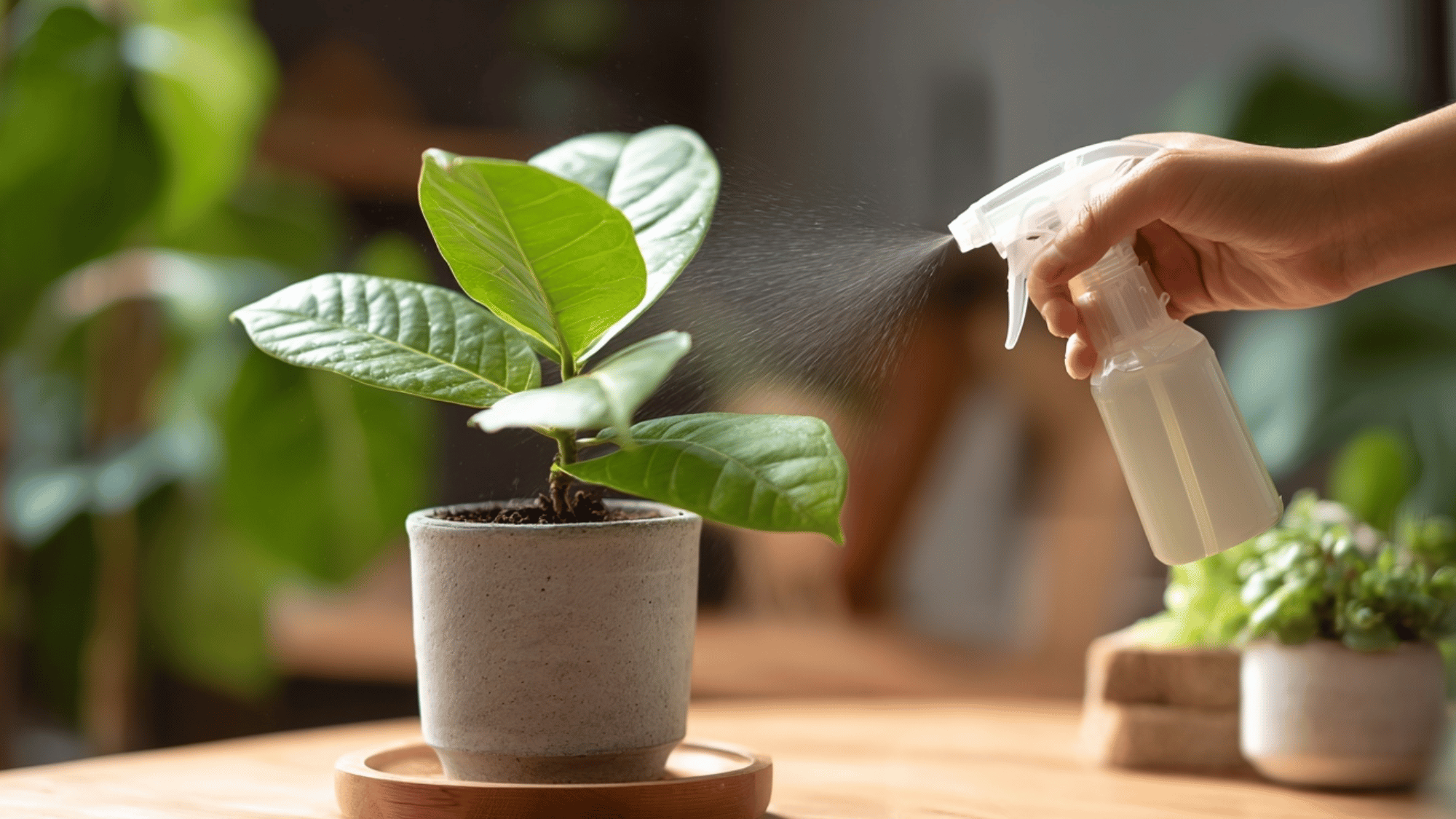 Spraying neem oil solution on houseplant leaves to control thrips naturally.