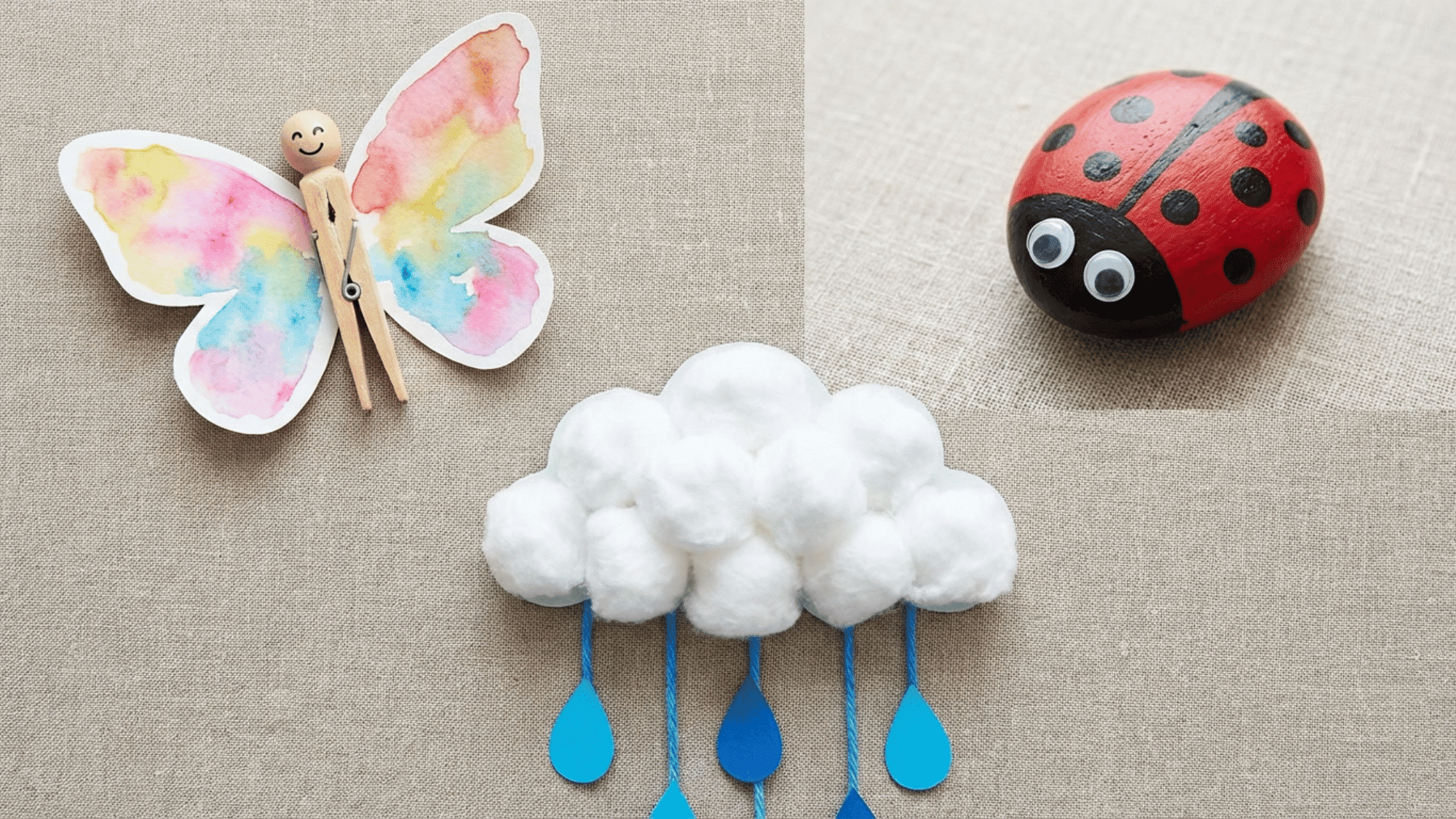 Spring crafts collage with butterfly, ladybug rock, and rain cloud art for kids