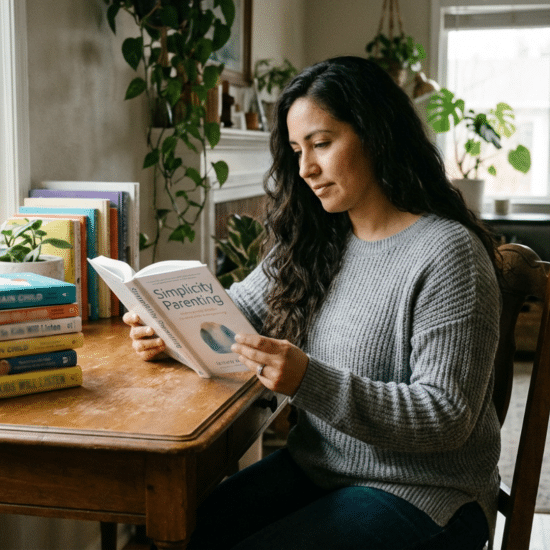 Stack of best parenting books on a table with a parent reading nearby while a child plays in the background