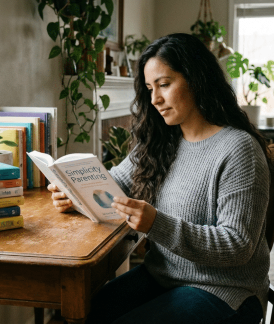 Stack of best parenting books on a table with a parent reading nearby while a child plays in the background