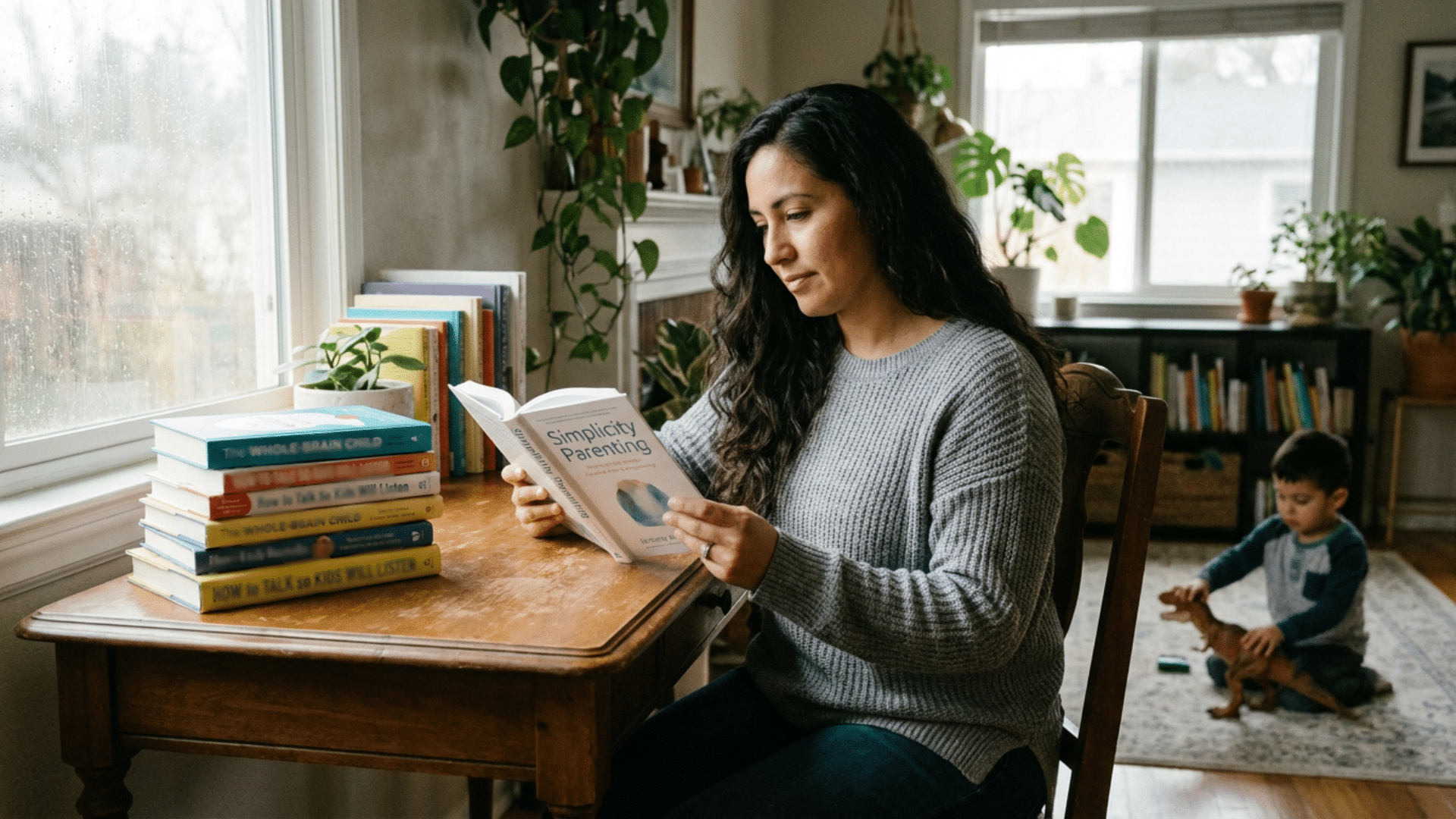 Stack of best parenting books on a table with a parent reading nearby while a child plays in the background