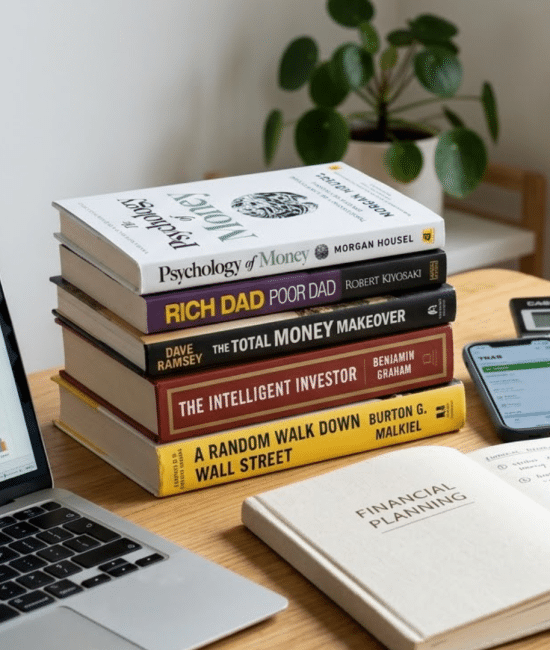 Stack of personal finance books on a desk with laptop, notebook and coffee
