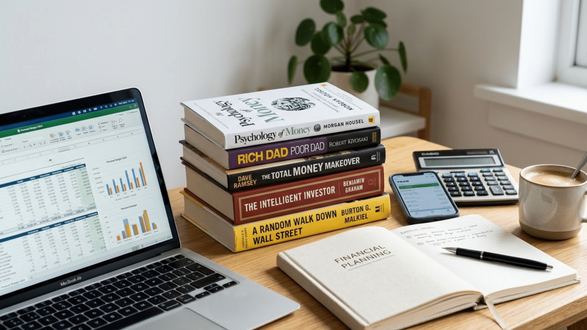 Stack of personal finance books on a desk with laptop, notebook and coffee