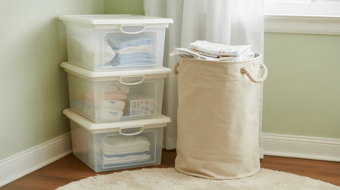 Stackable storage bins in small nursery.