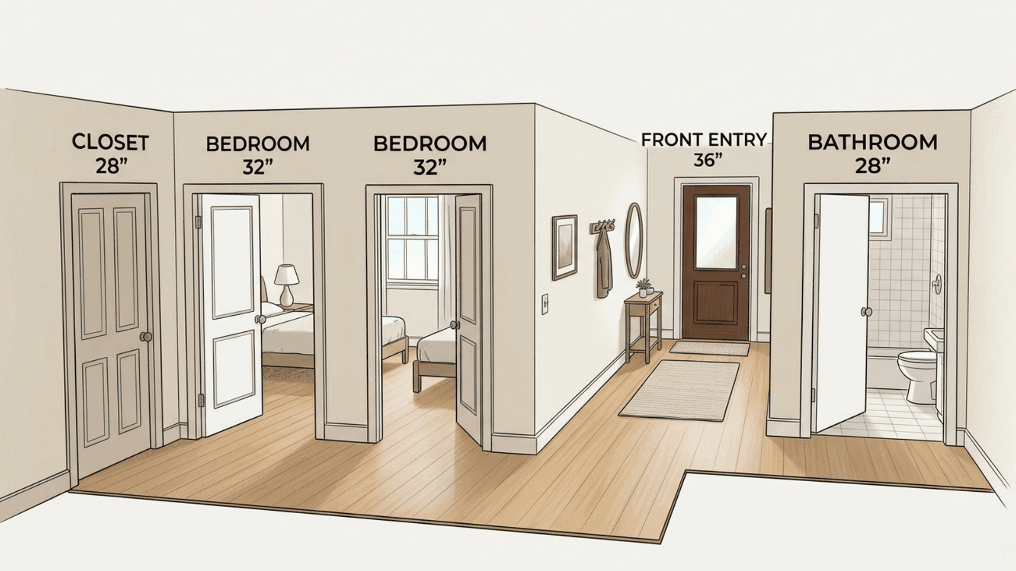 Standard door widths for closet, bathroom, bedroom, and entry doors shown clearly