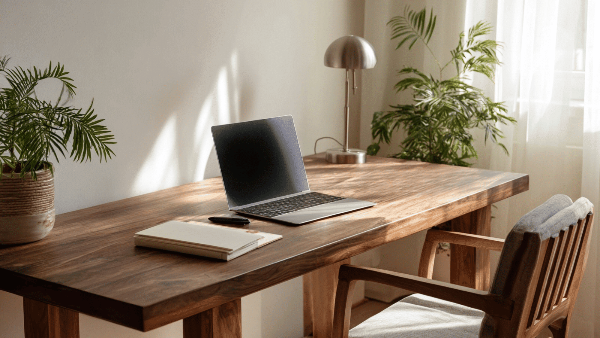 Standard sitting desk with chair, laptop, and minimal items in a bright home office.
