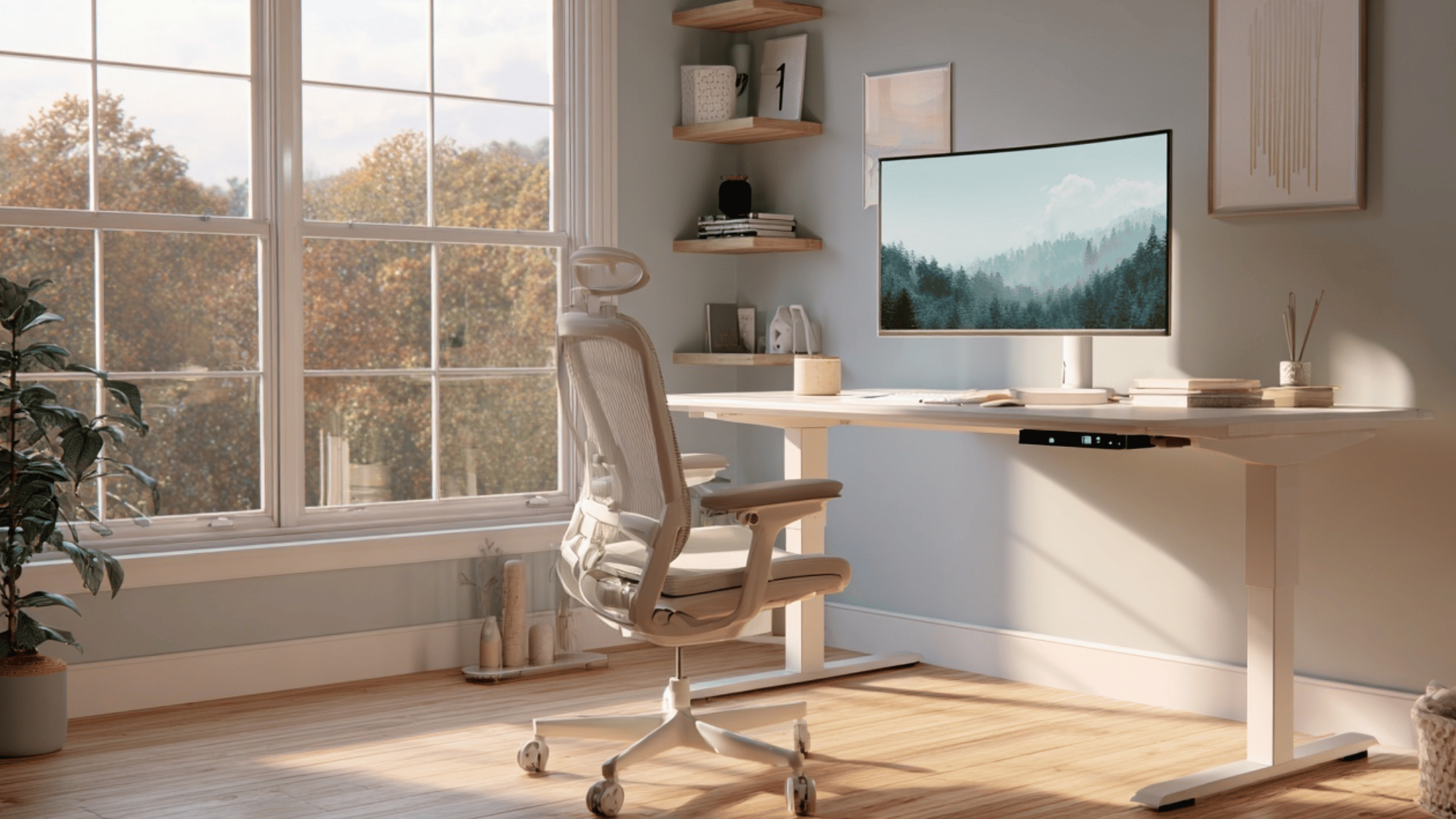 Standing desk setup with ergonomic chair in a clean home office