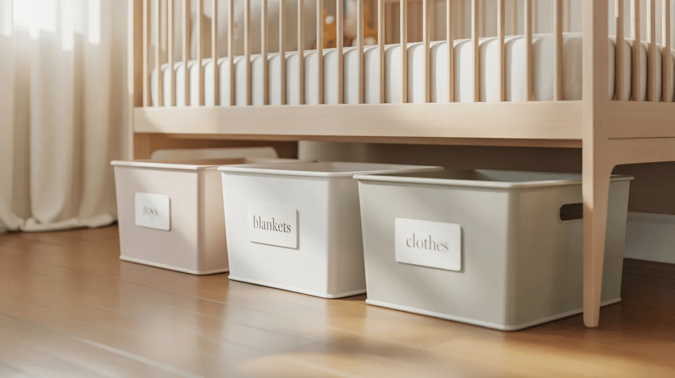 Storage bins placed under crib in small nursery