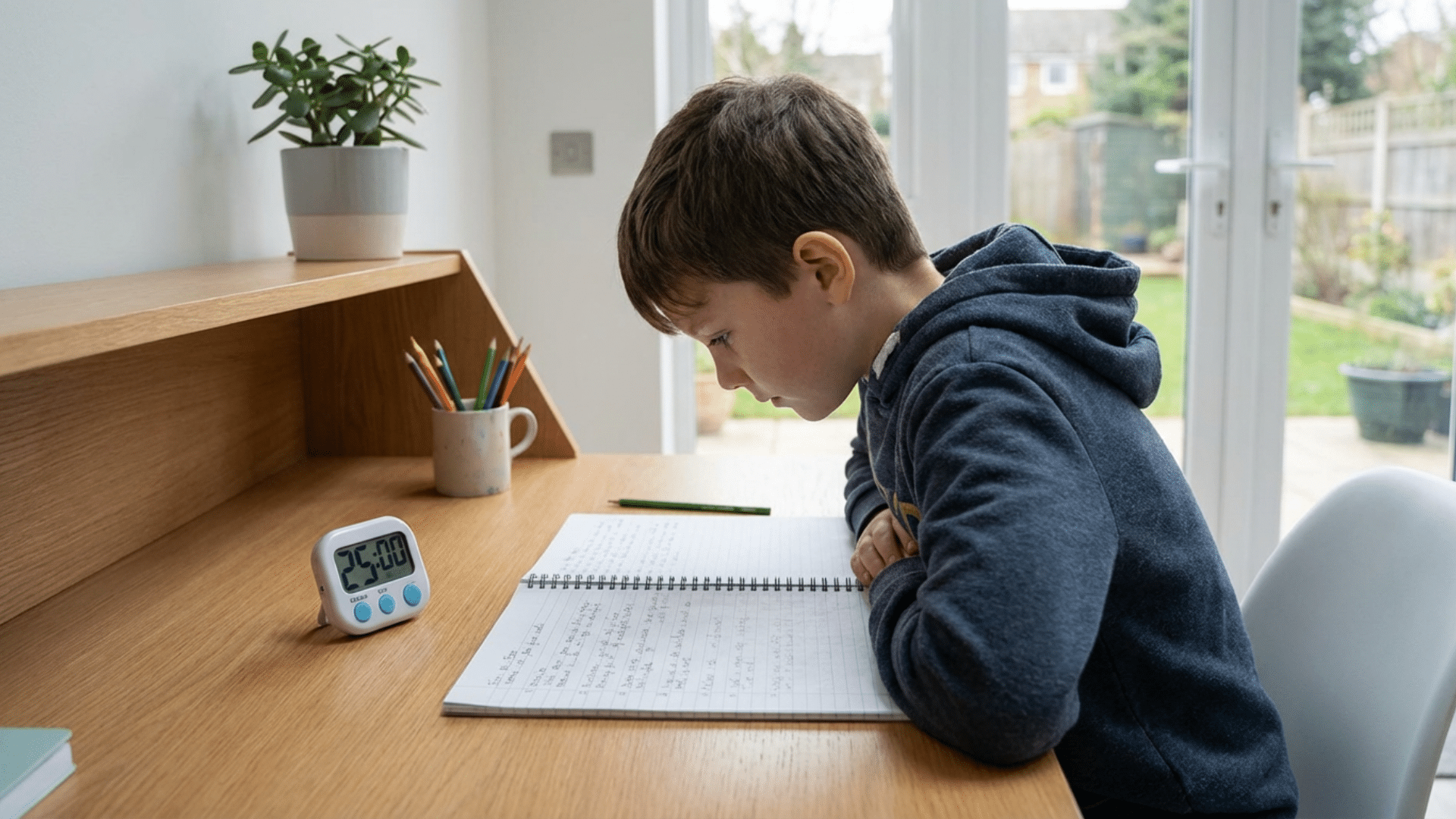 Student studying with a timer on the desk, focusing on notes in a quiet and distraction-free space