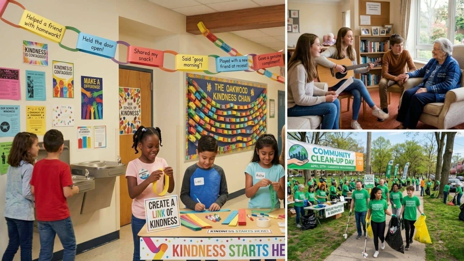 Students create a school kindness chain, teens visit and sing for an elderly woman, and volunteers join a community park clean up day.
