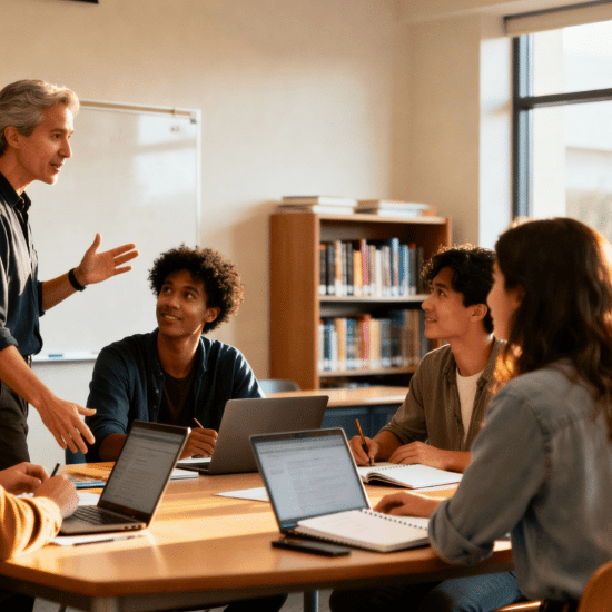 Students engaged in collaborative classroom learning with teacher facilitating discussion, laptops and notes visible in bright modern setting