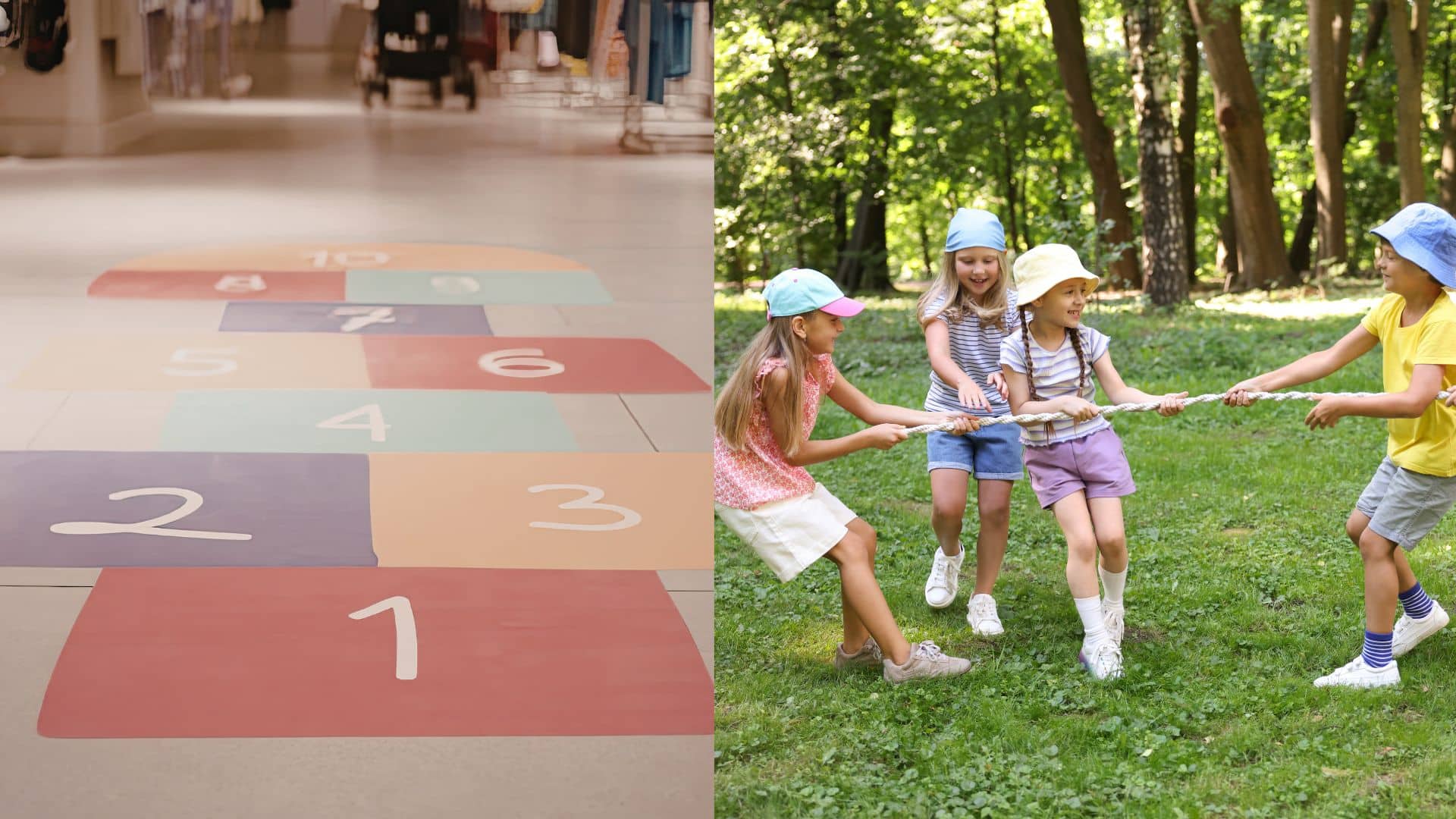 Students playing hopscotch in a school hallway and tug of war outdoors, showing fun indoor and outdoor games at school during recess and playground time
