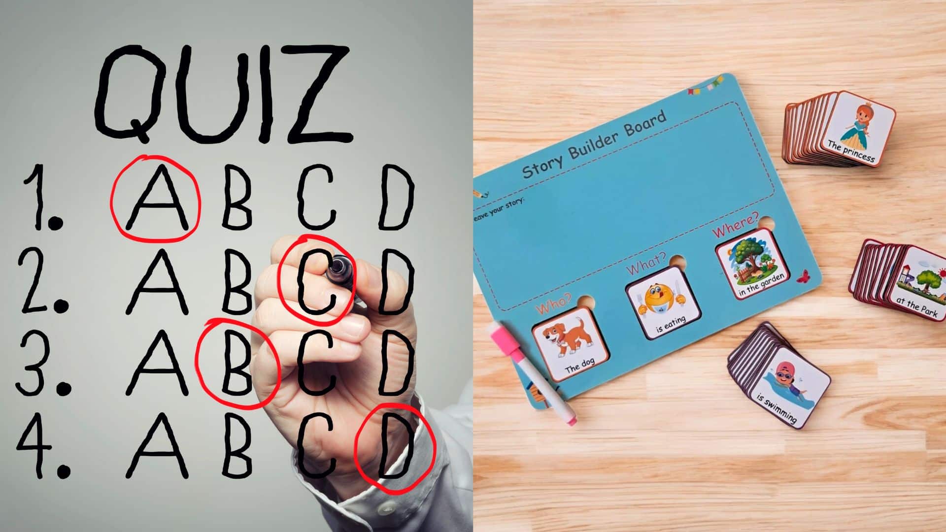 Students playing quiz and story builder games at school, answering multiple choice questions and creating stories with picture cards in a classroom activity