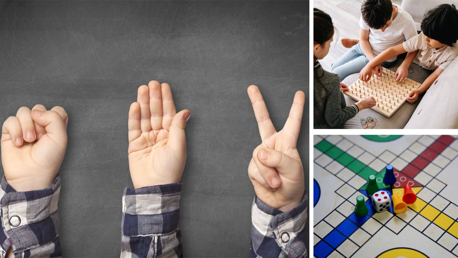 Students playing rock paper scissors, puzzle board game, and Ludo board game, showing fun indoor games at school for teamwork, thinking, and learning activities
