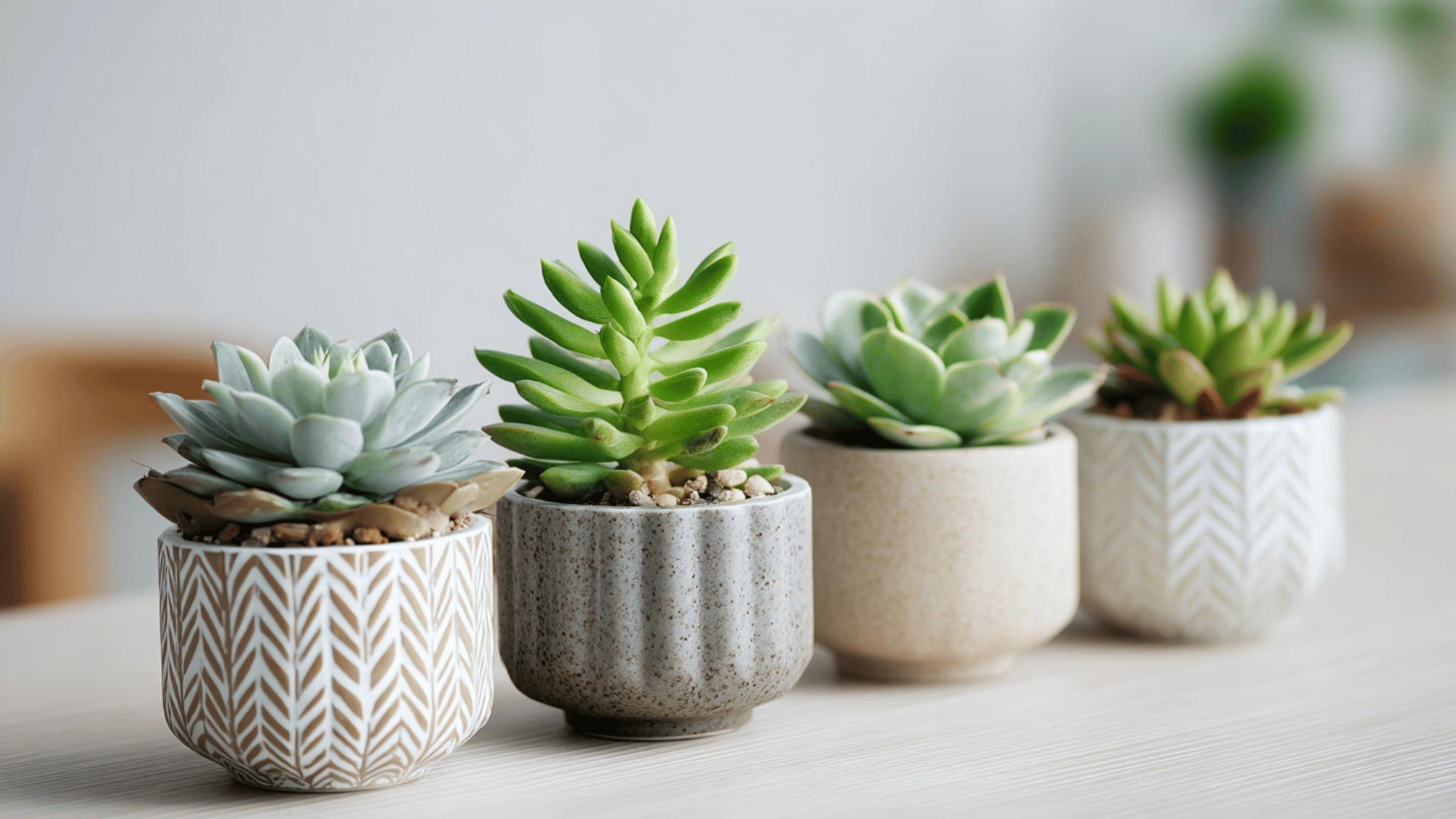 Succulents in geometric pots on a clean table