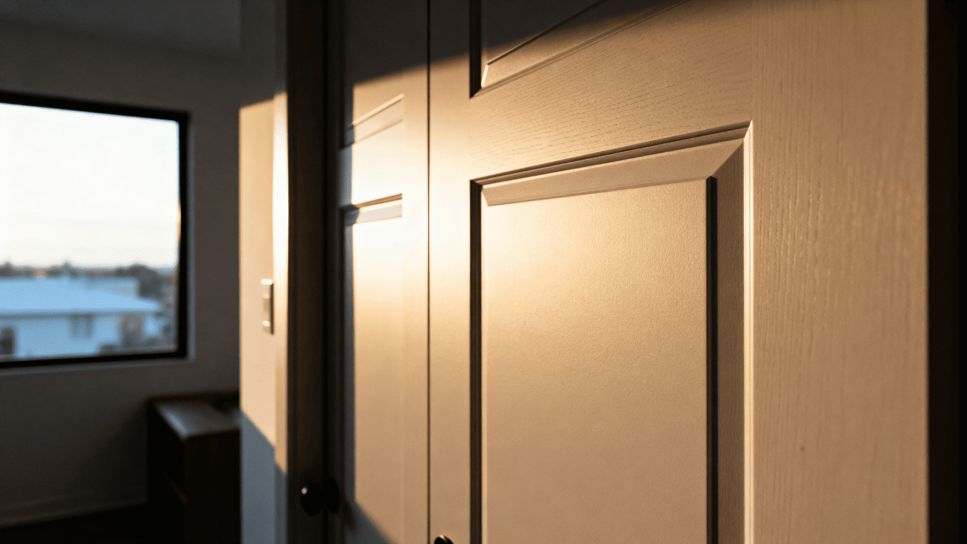 Sunlit flush interior door with wood grain panels, warm light casting shadows in a minimal room with window view outside