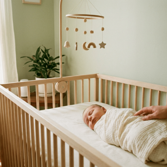 Swaddled newborn baby sleeping peacefully in a crib