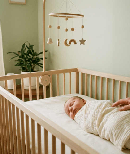 Swaddled newborn baby sleeping peacefully in a crib