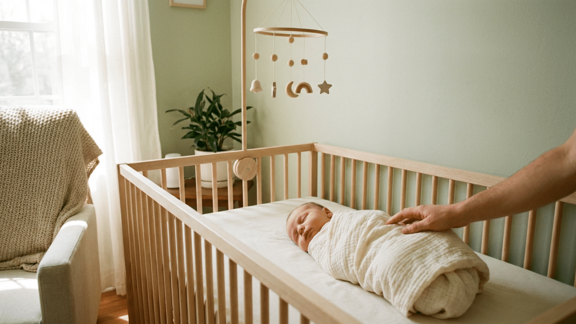 Swaddled newborn baby sleeping peacefully in a crib