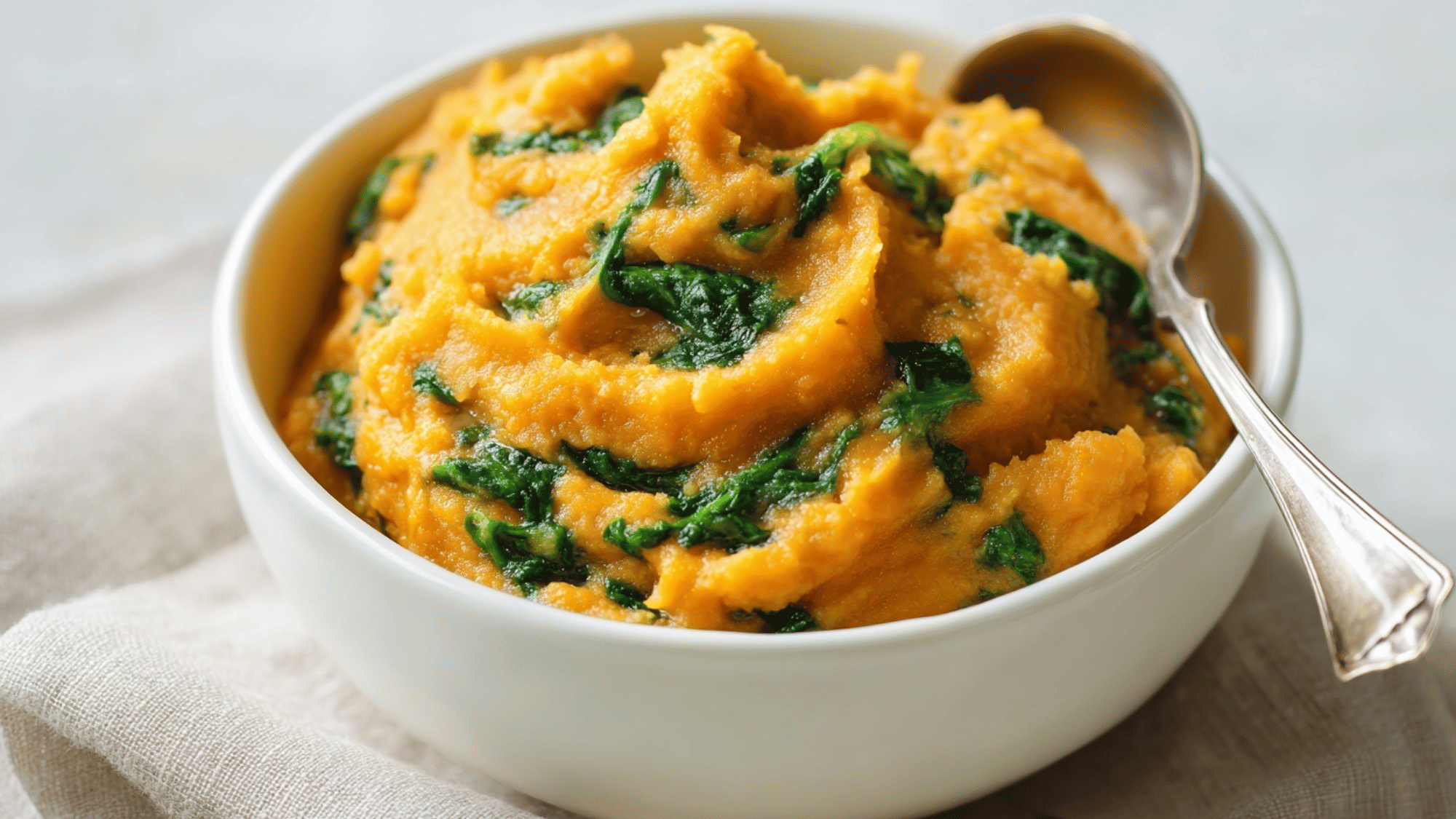 Sweet potato and spinach mash in a baby bowl on a clean surface