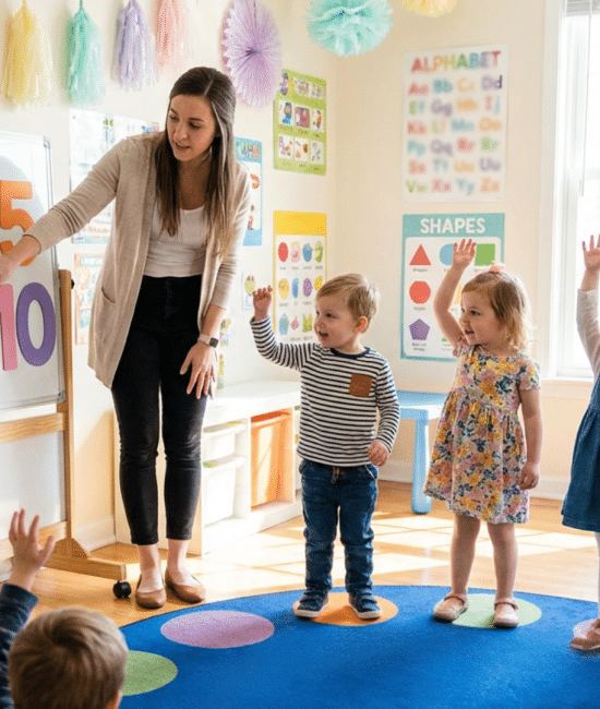 Teacher helping preschool children practice rote counting in a classroom