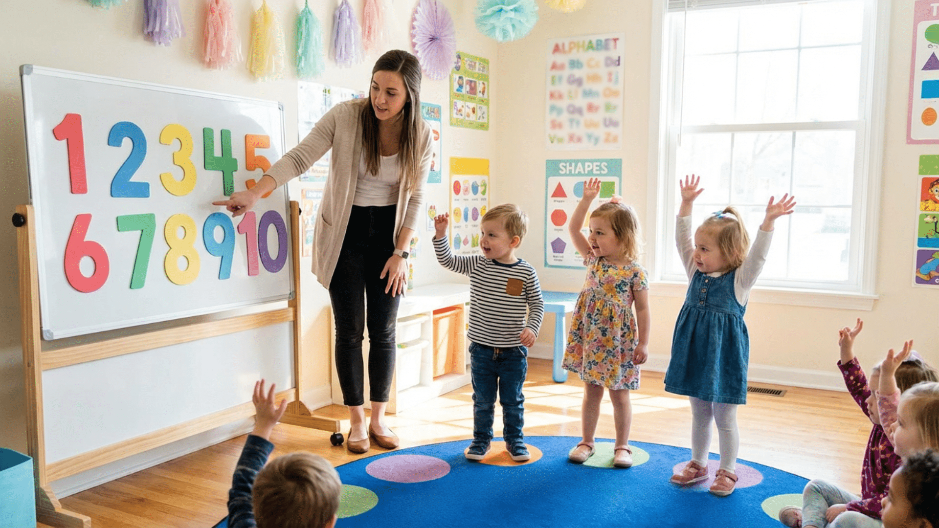 Teacher helping preschool children practice rote counting in a classroom