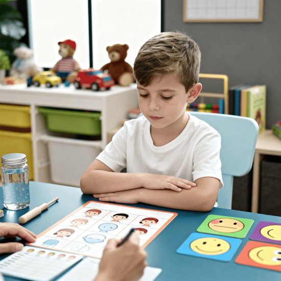 Teacher helps young boy identify emotions with calm-down chart and smiley cards at classroom table during SEL lesson. (1)