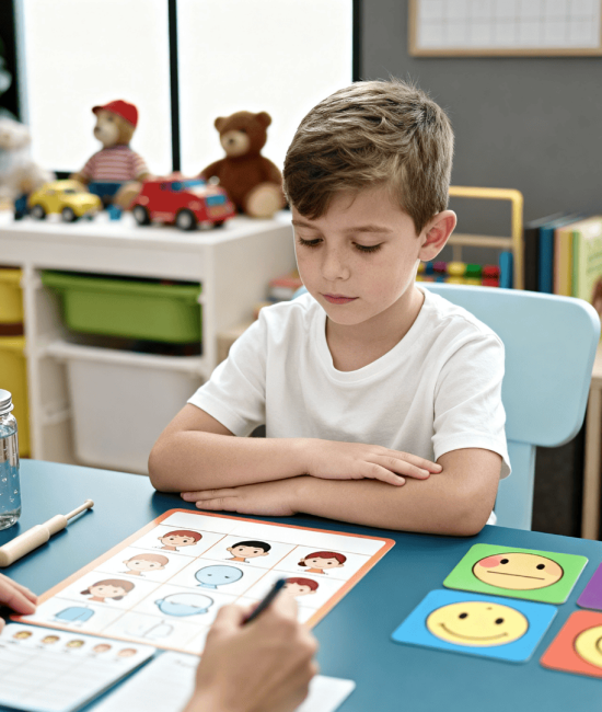 Teacher helps young boy identify emotions with calm-down chart and smiley cards at classroom table during SEL lesson. (1)