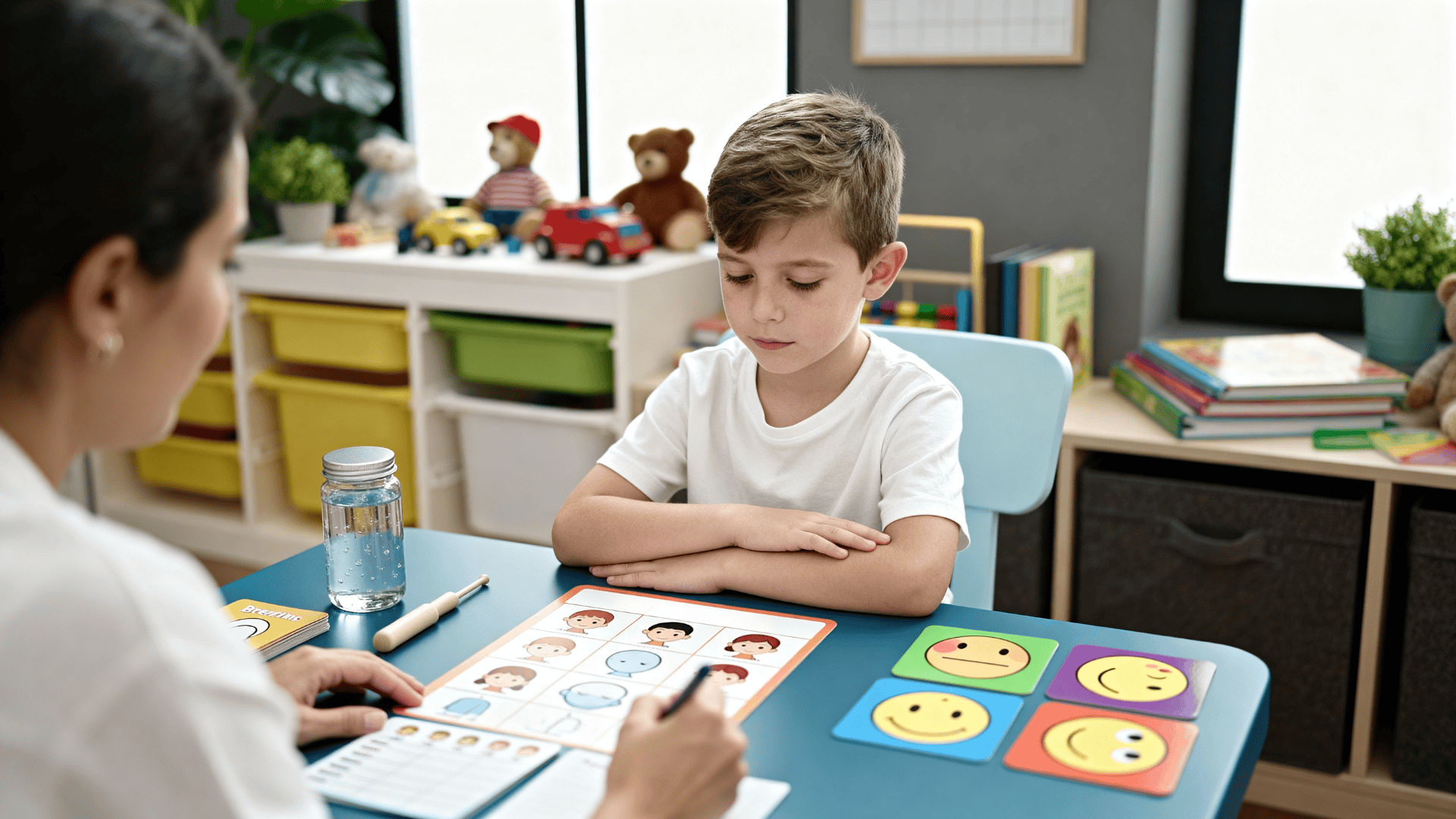 Teacher helps young boy identify emotions with calm-down chart and smiley cards at classroom table during SEL lesson. (1)
