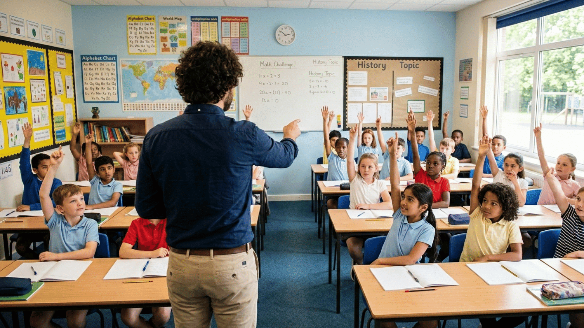 Teacher stands with his back to the camera, facing a classroom of diverse elementary students who are enthusiastically raising their hands.
