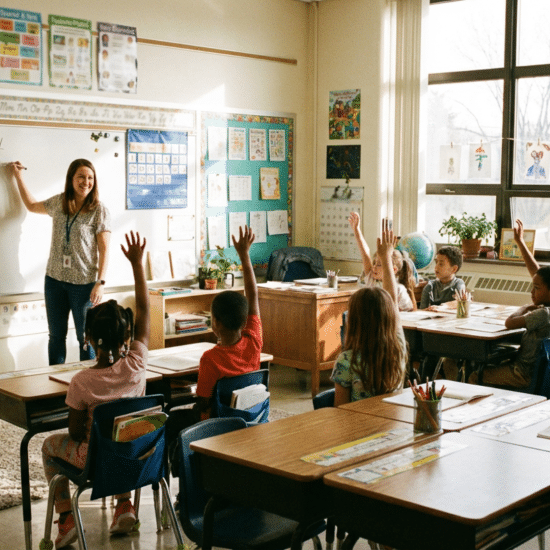 Teacher writing question of the day on classroom board while students raise their hands