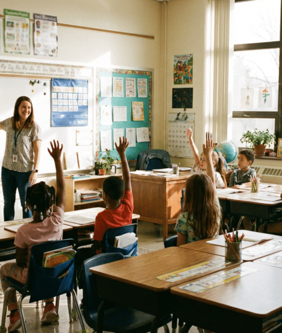 Teacher writing question of the day on classroom board while students raise their hands