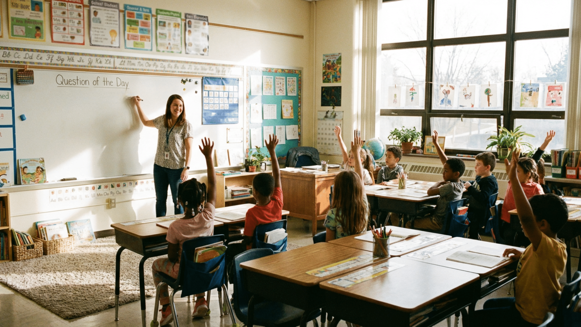 Teacher writing question of the day on classroom board while students raise their hands