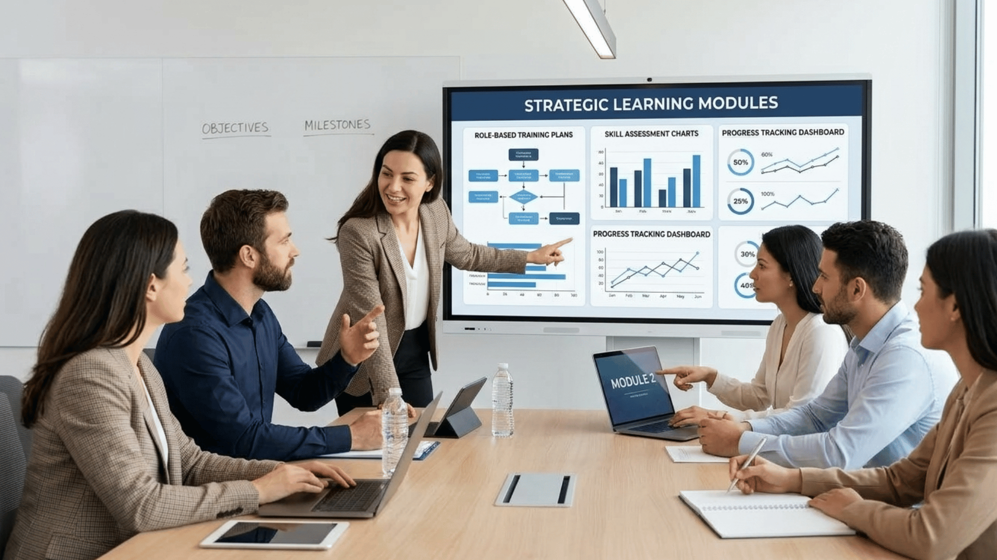 Team discussing learning strategies in a corporate setting