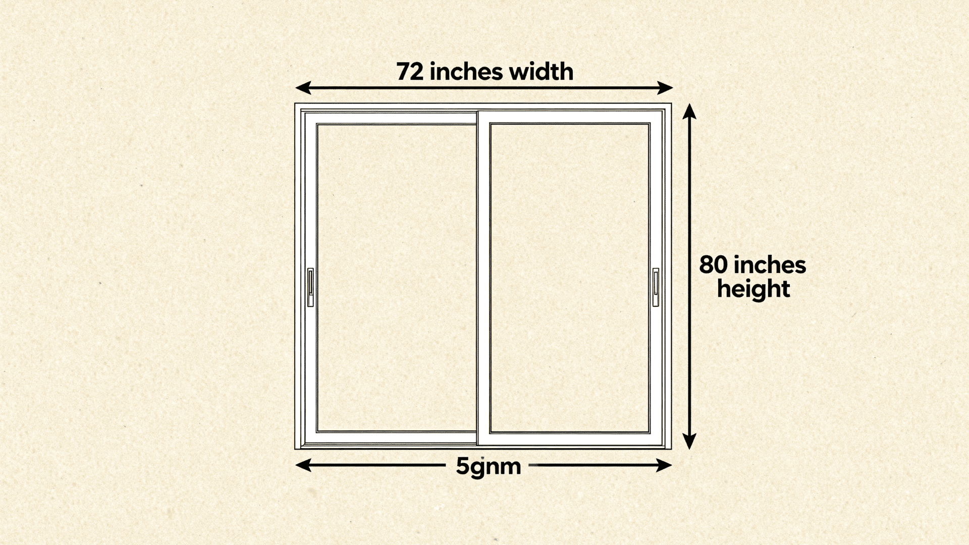 Technical illustration of a sliding glass door with labeled dimensions (72 inches width, 80 inches height) on a beige textured background.