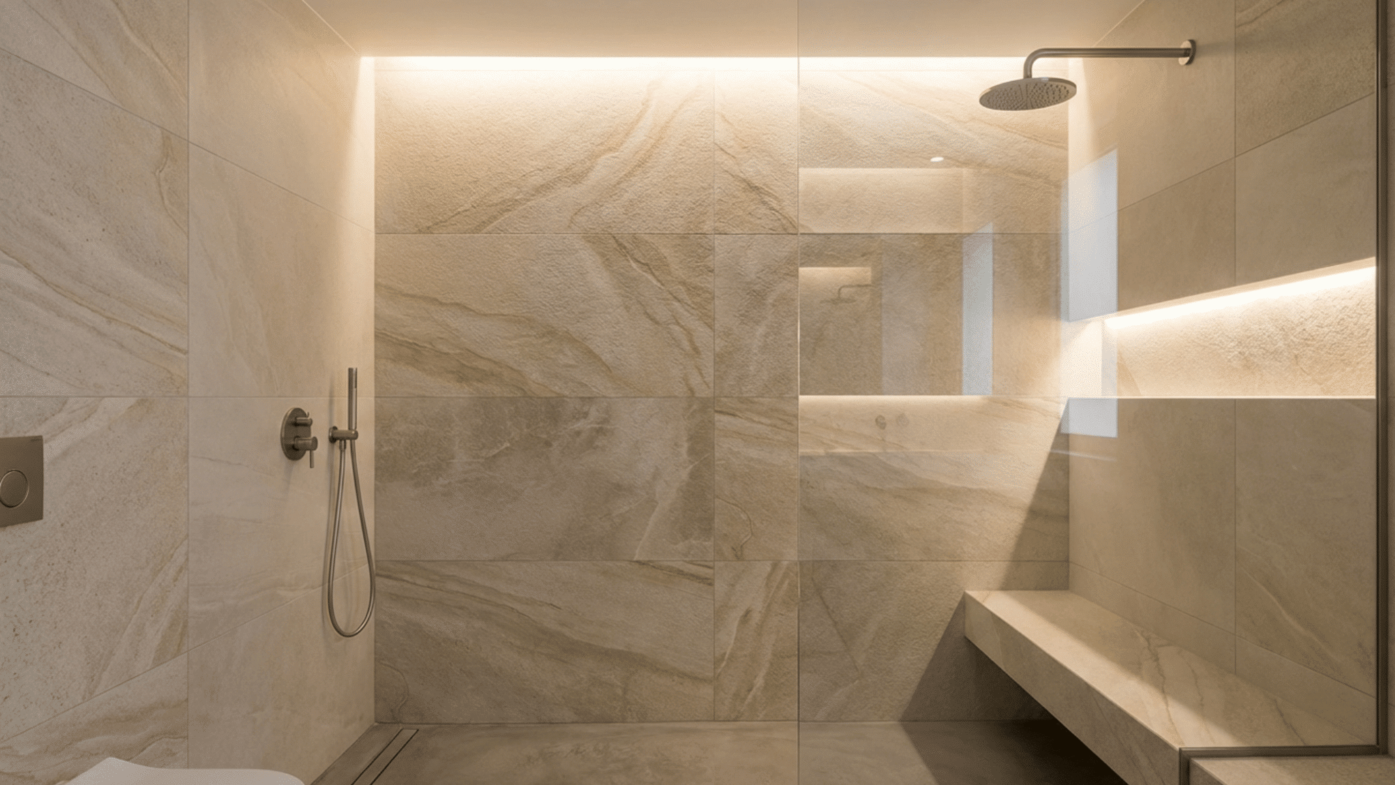 Textured tile shower design adding depth and visual interest