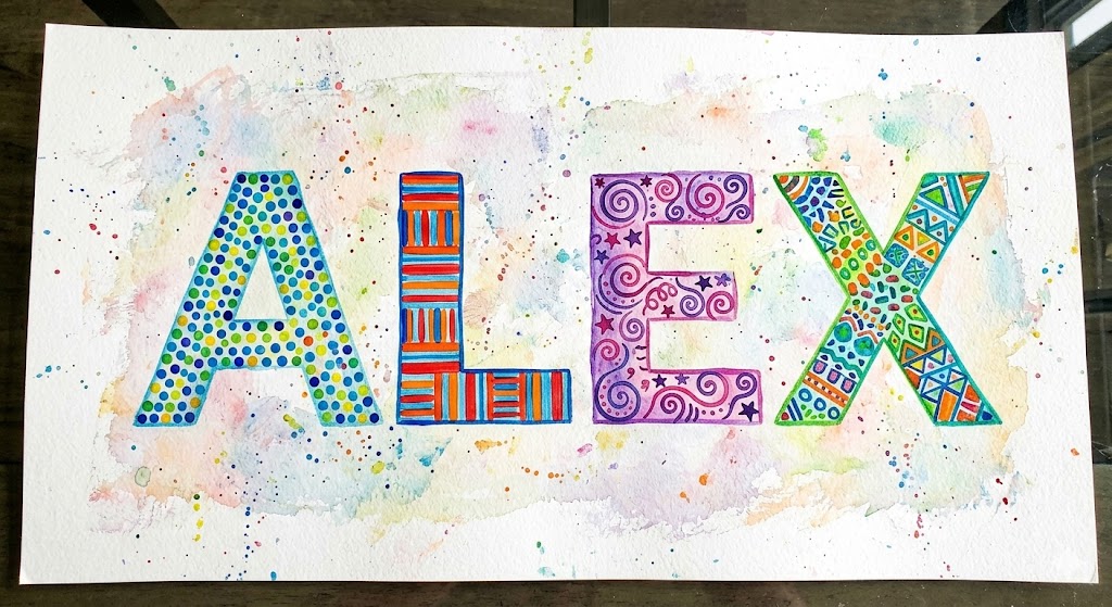 The name _ALEX_ written in large block letters, with each letter filled with unique patterns like dots, stripes, and swirls