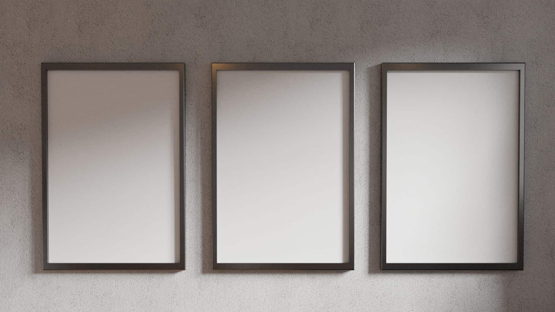 Three diy canvas frames on wall with clean modern borders, showing simple framing style for artwork and gallery display arrangement