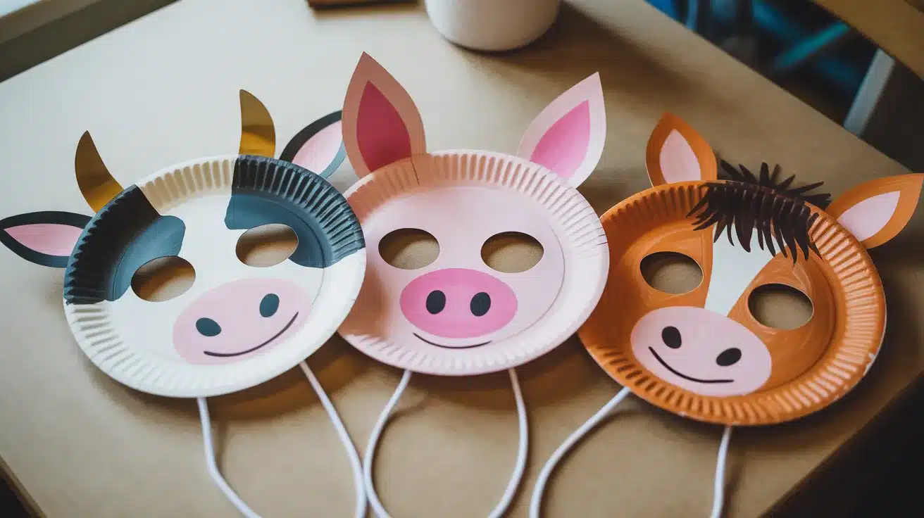 Three farm animal masks of a cow, pig, and horse made from paper plates with painted details and elastic strings