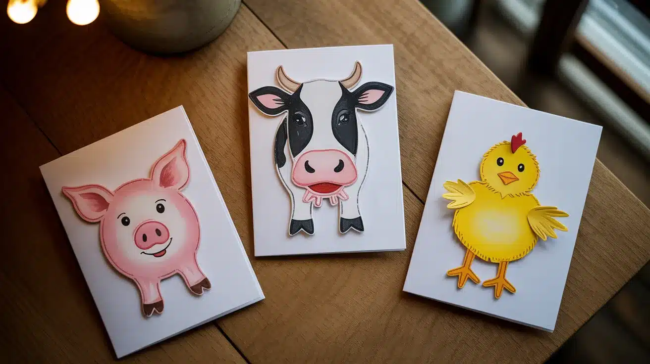 Three handmade farm animal greeting cards featuring a pig, cow, and chick with paper cutout details on a wooden table